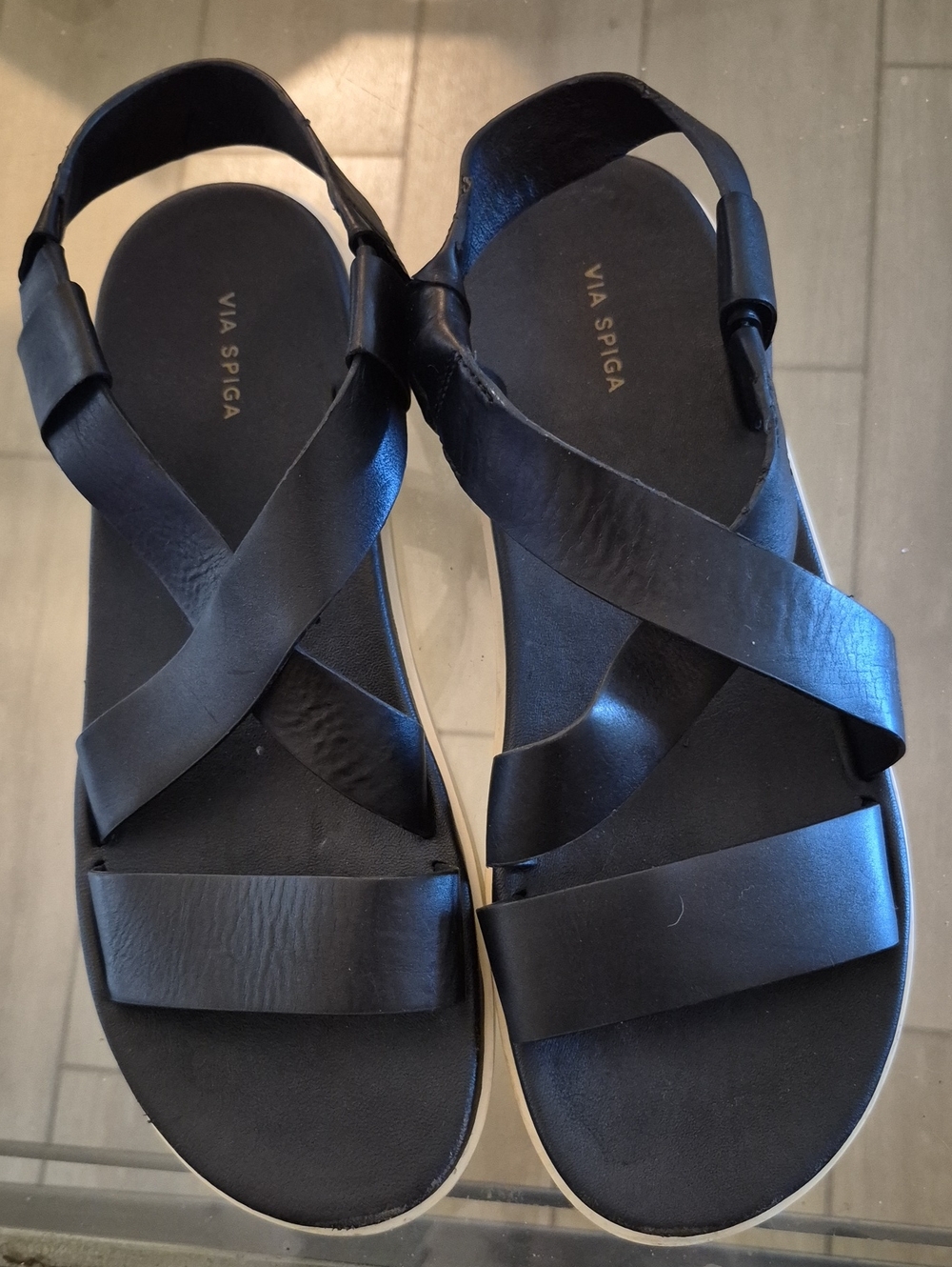 Via Spiga Black Leather Cross-Strap Slingback Sandals